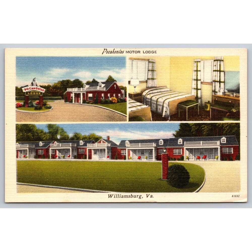 1951 Williamsburg VA Pocahontas Motor Lodge Postcard Postmarked Allentown PA